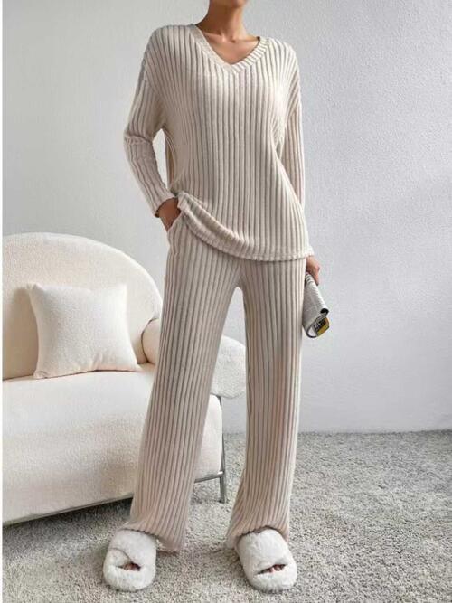 Ribbed V-Neck Long Sleeve Top and Pants Set Pant Set Trendsi Dust Storm XS
