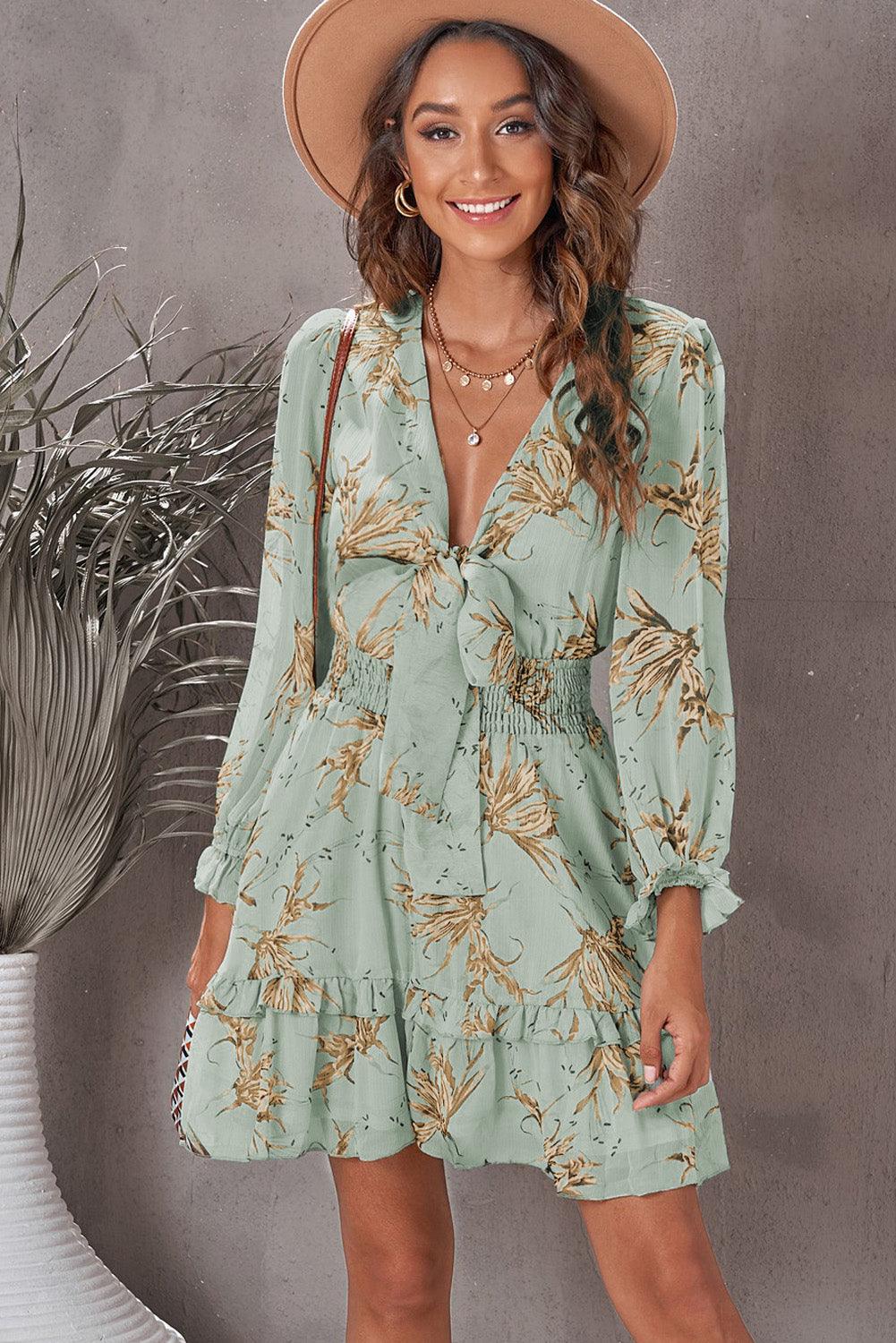 Floral Deep V Flounce Sleeve Mini Dress Dresses White