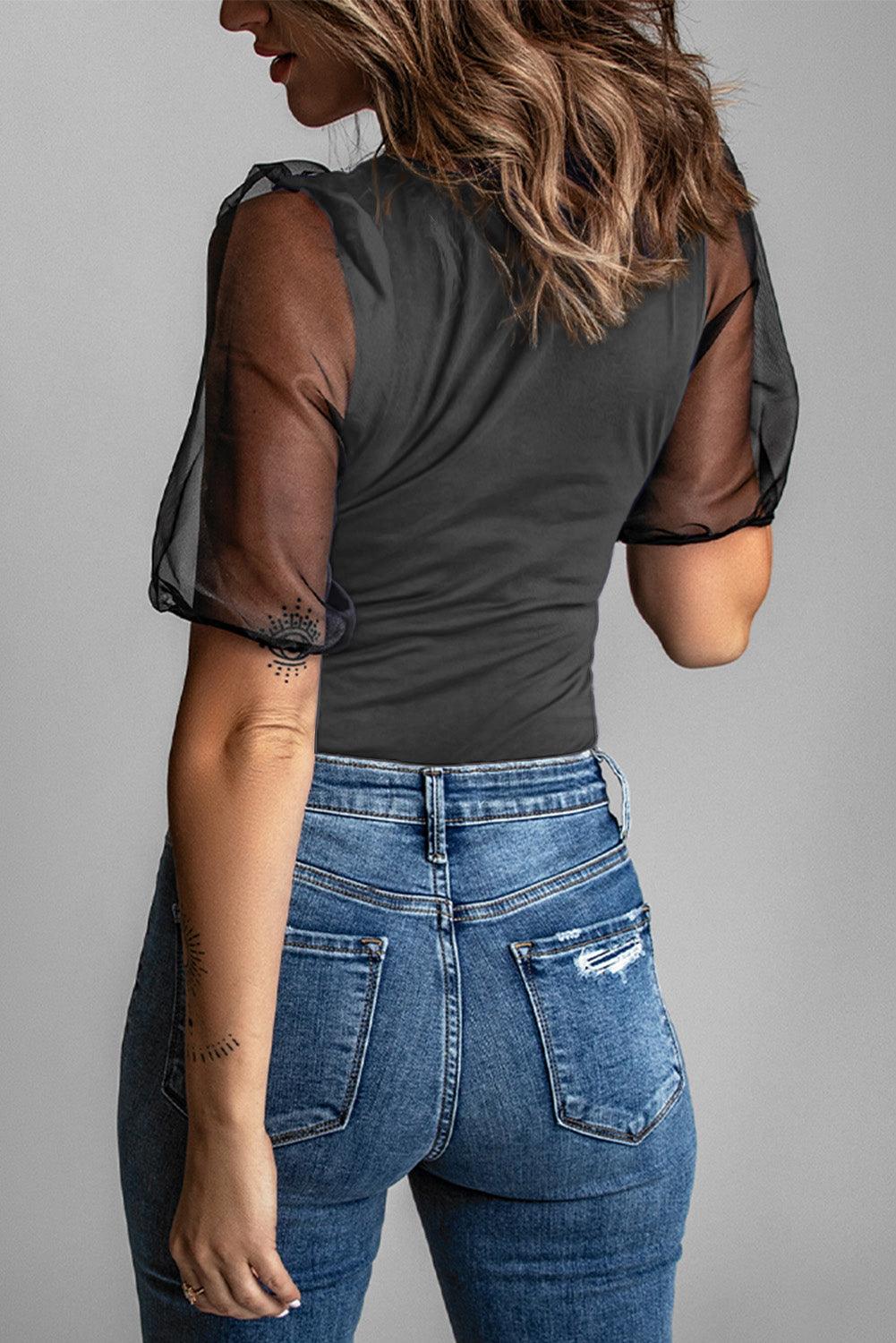 Mesh Puff Sleeve Blouse Blouses White