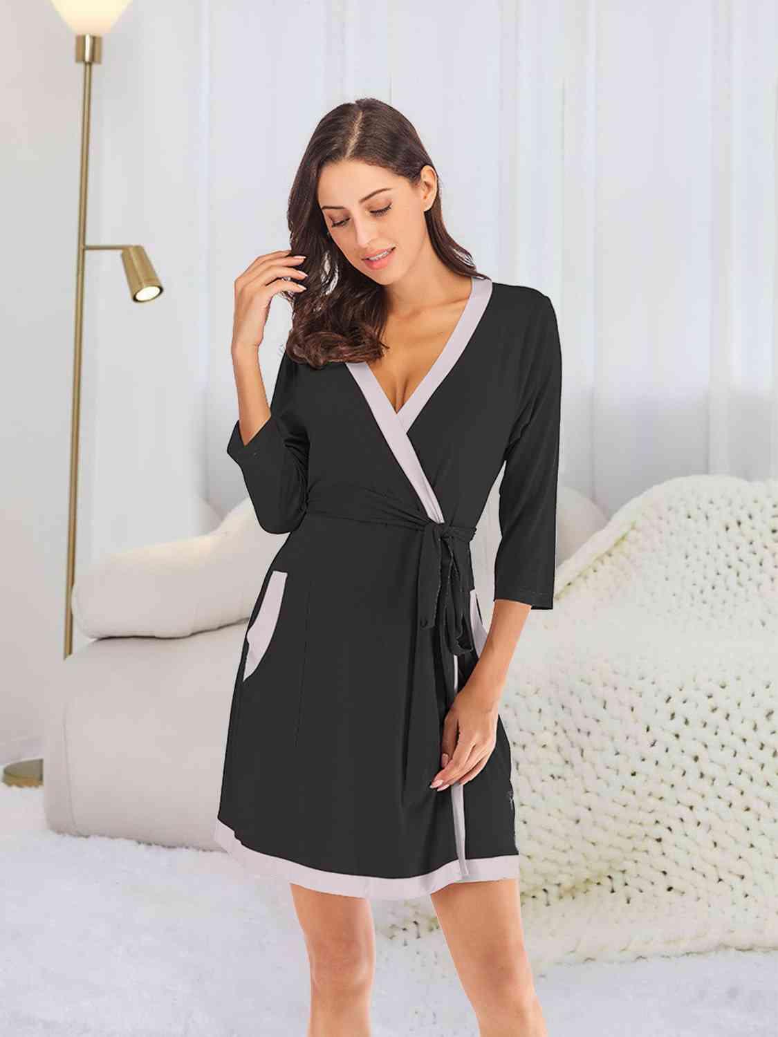 Tie Waist Surplice Neck Robe with Pockets Loungewear Trendsi Black S