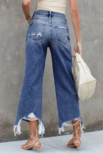 Distressed Raw Hem Jeans with Pockets Jeans Trendsi
