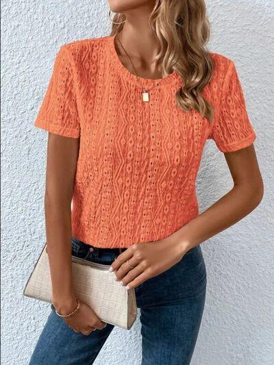 Eyelet Round Neck Short Sleeve T-Shirt T-Shirts Trendsi White S