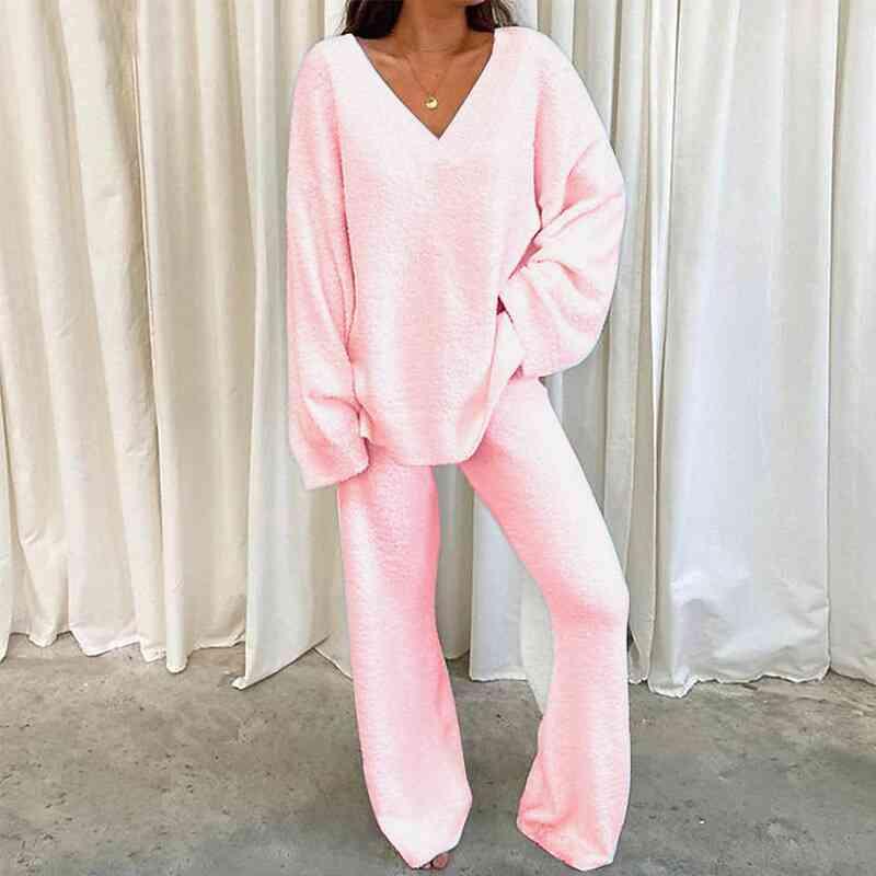 V-Neck Long Sleeve Top and Long Pants Set Pant Set Trends Blush Pink S