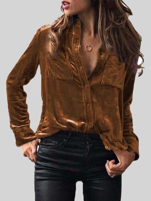 Button Up Collared Shirt with Breast Pockets Blouses Trend