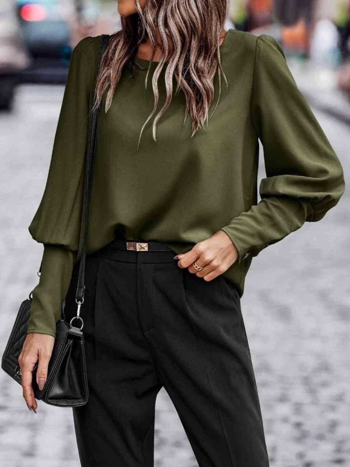 Round Neck Lantern Sleeve Blouse Blouses Trends