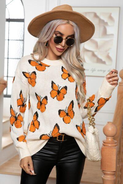 Butterfly Round Neck Long Sleeve Sweater Sweaters Trend Ivory S