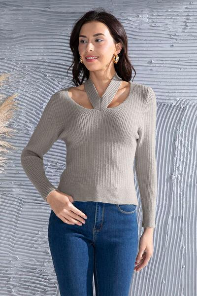 Halter Neck Long Sleeve Sweater Sweaters Trendsi Heather Gray S