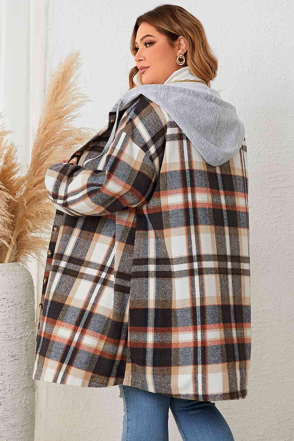 Plus Size Plaid Drop Shoulder Hooded Coat Coats Trendsi