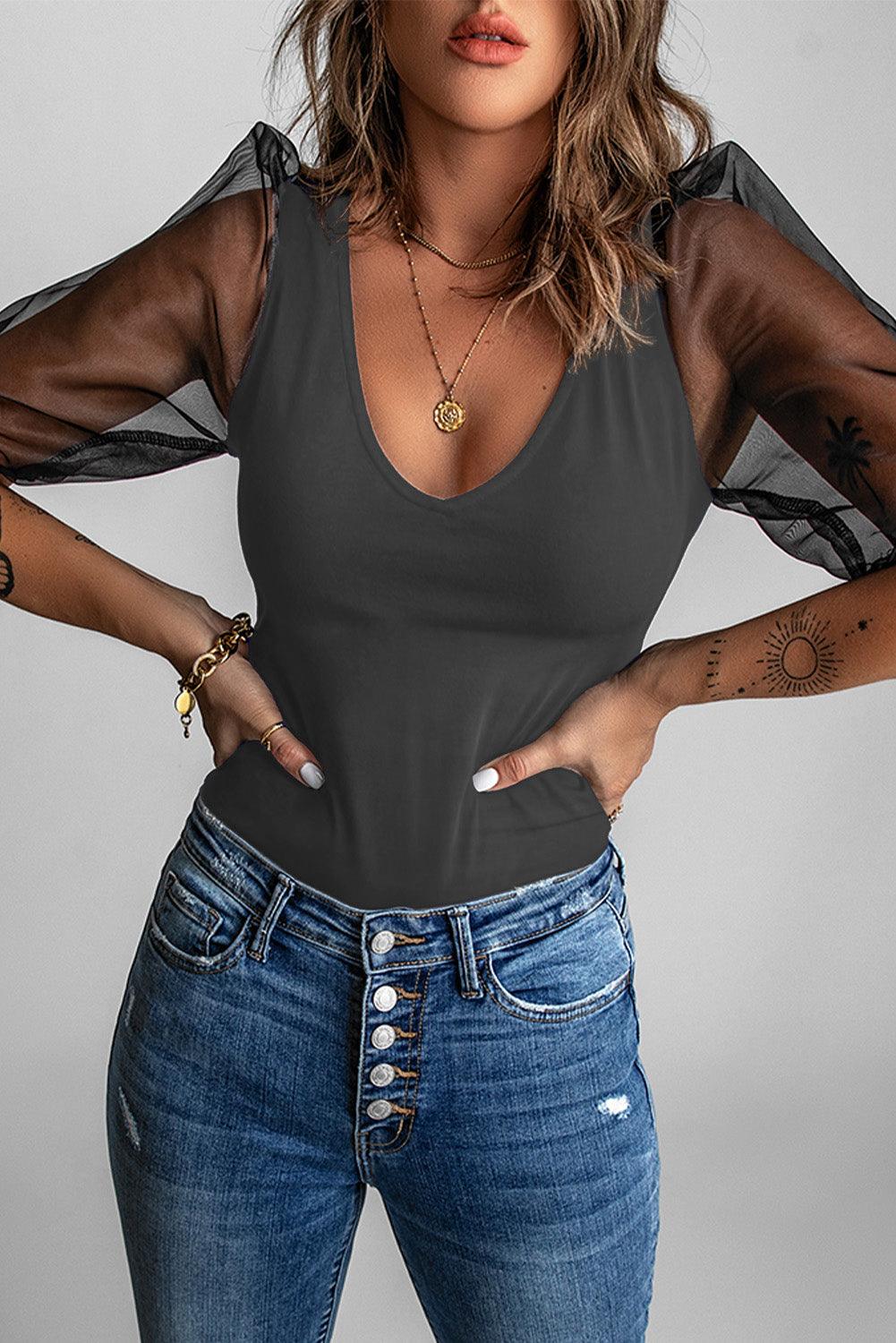 Mesh Puff Sleeve Blouse Blouses White