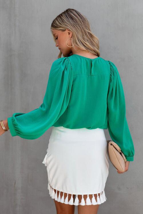 Round Neck Ruff Sleeve Blouse Blouses Trendsi