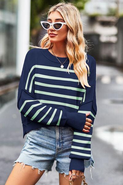 Striped Drop Shoulder Sweater Tops Trendsi
