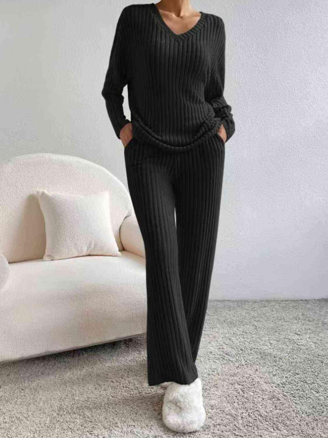 Ribbed V-Neck Long Sleeve Top and Pants Set Pant Set Trendsi