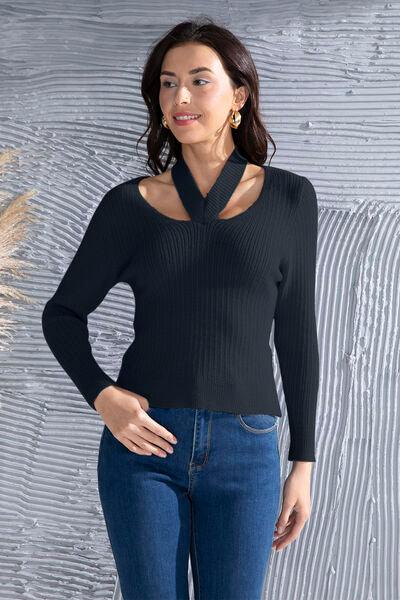 Halter Neck Long Sleeve Sweater Sweaters Trendsi Black S
