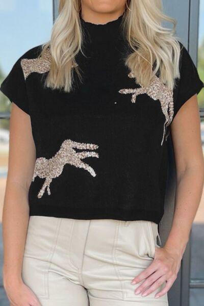 Animal Graphic Mock Neck Cap Sleeve Sweater Sweaters Trends