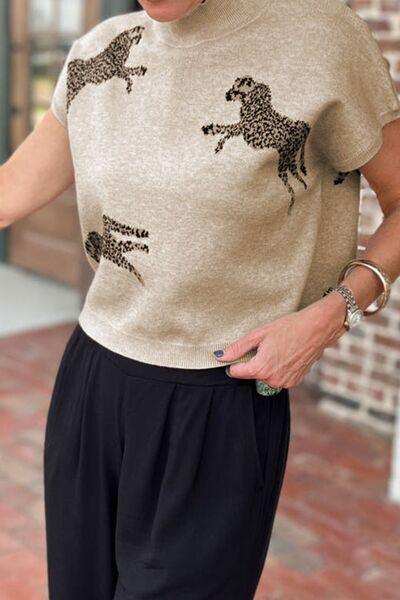 Animal Graphic Mock Neck Cap Sleeve Sweater Sweaters Trends