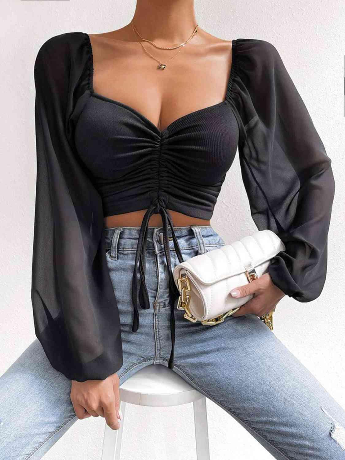 Drawstring Sweetheart Neck Crop Top Blouses Trendsi Black S