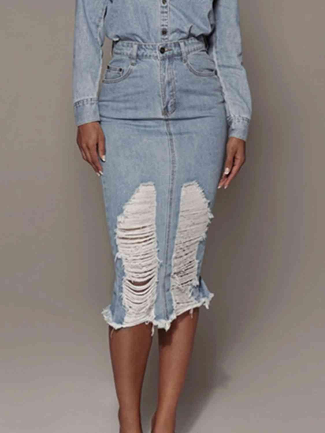 Distressed Slit Denim Skirt Skirts Trendsi Light XS