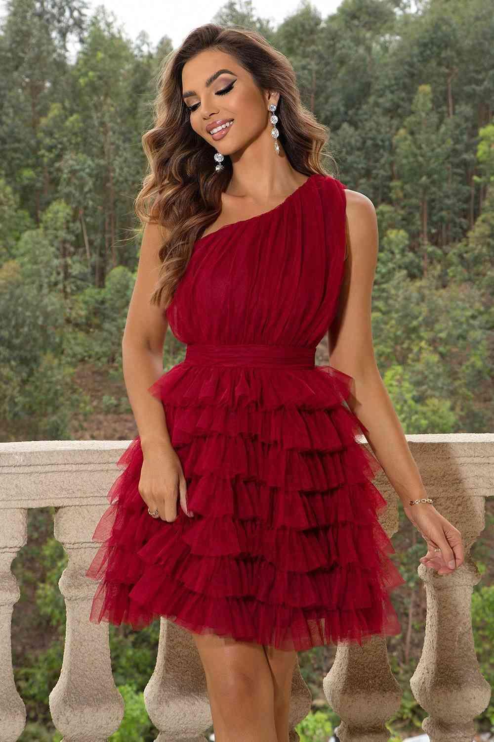 One-Shoulder Sleeveless Ruffle Dress Dresses Trendsi