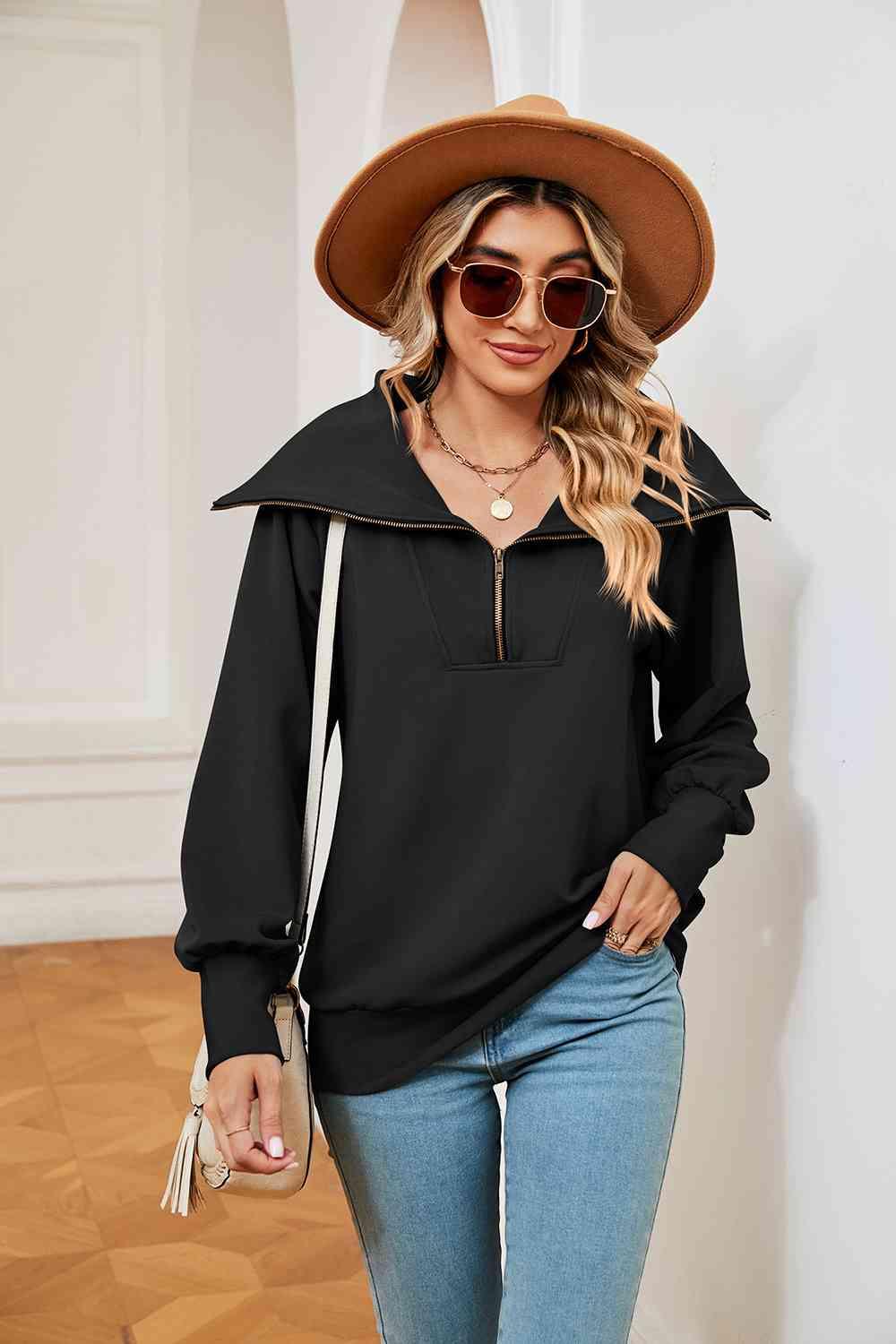 Half-Zip Collared Sweatshirt Sweatshirts Trends Black S