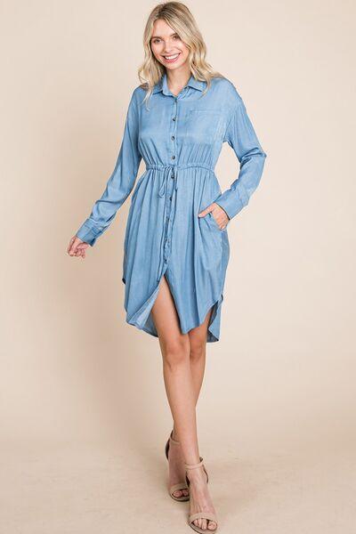 Faith Apparel Button Up Drawstring Shirt Dress Dresses Trendsi