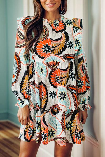 Ruffled Printed Flounce Sleeve Mini Dress Dresses Trendsi Orange S