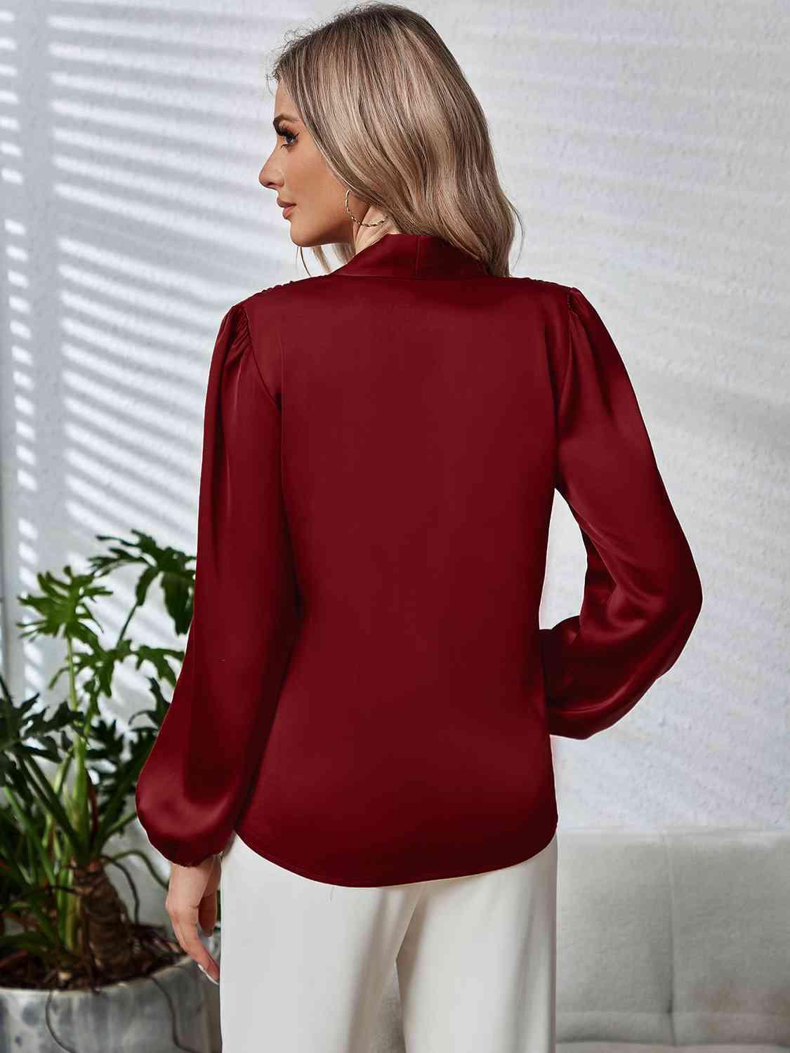 Tie Neck Long Puff Sleeve Blouse Blouses Trends