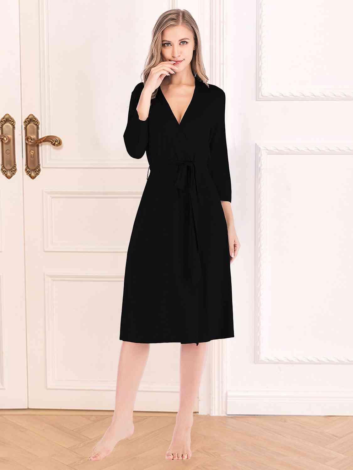 Plunge Cotton Robe Loungewear Trendsi Black S