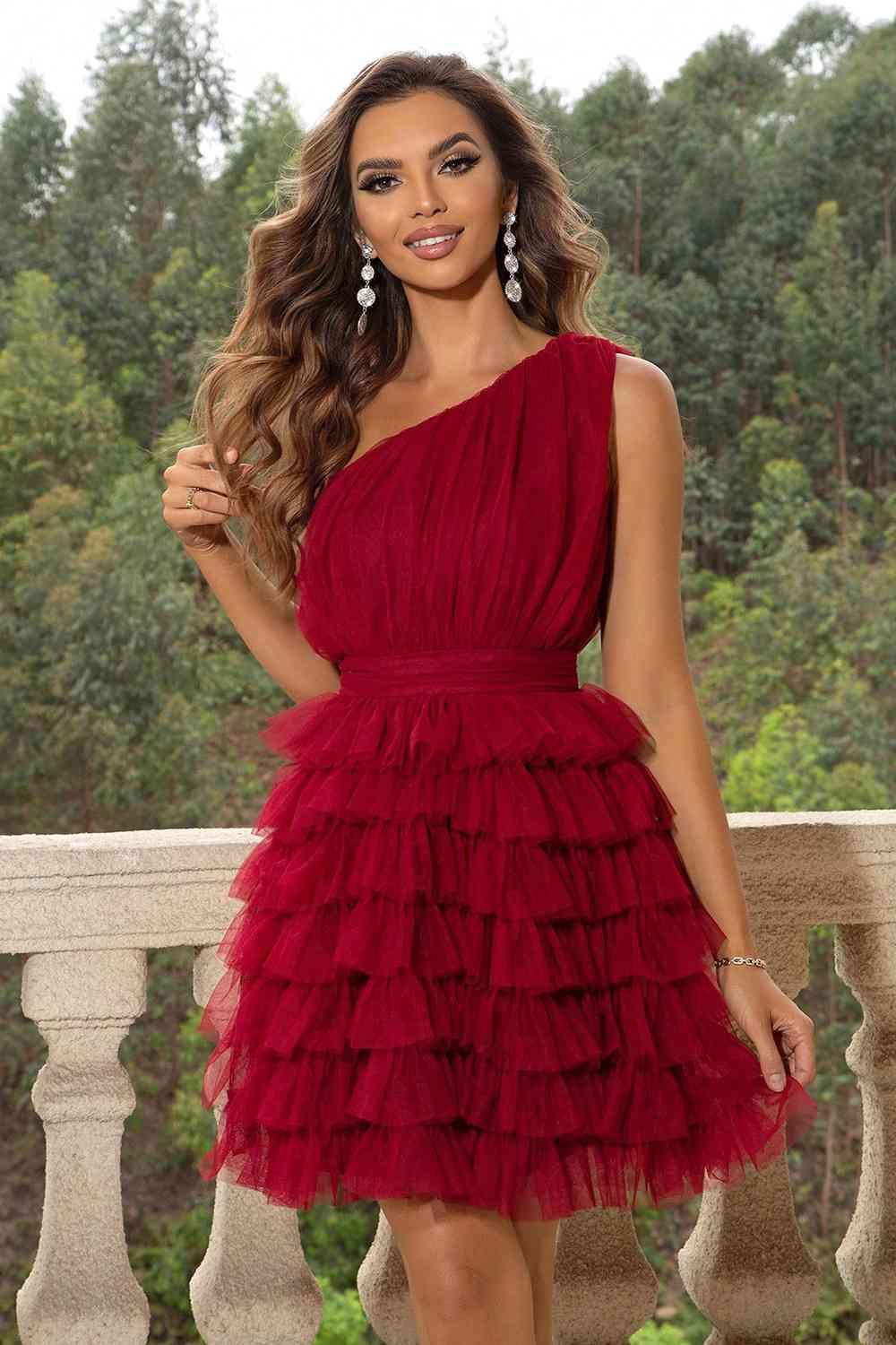 One-Shoulder Sleeveless Ruffle Dress Dresses Trendsi Red XS