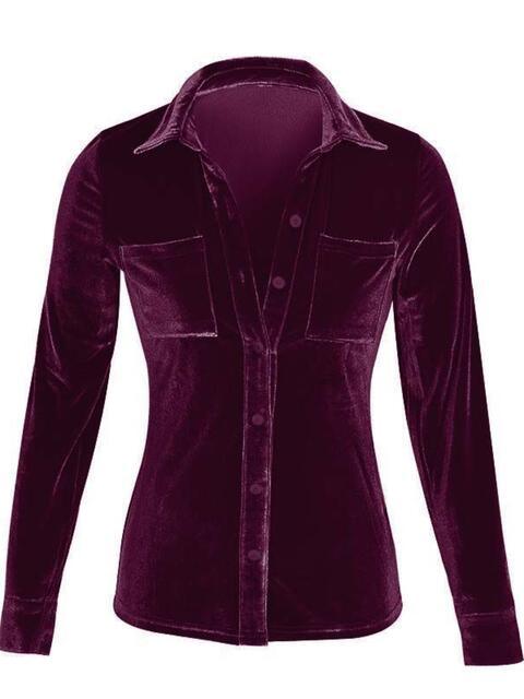 Button Up Collared Shirt with Breast Pockets Blouses Trend