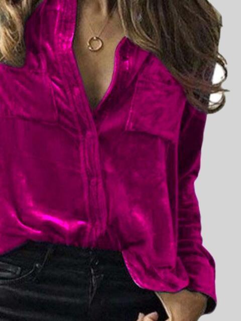 Button Up Collared Shirt with Breast Pockets Blouses Trend