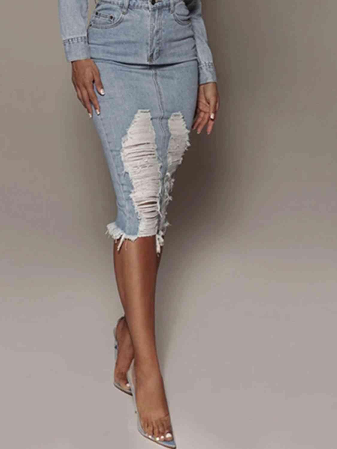 Distressed Slit Denim Skirt Skirts Trendsi