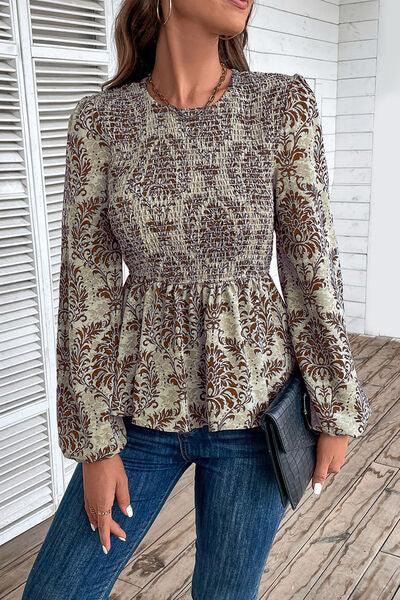 Smocked Printed Balloon Sleeve Blouse Blouses Trendsi Chestnut S