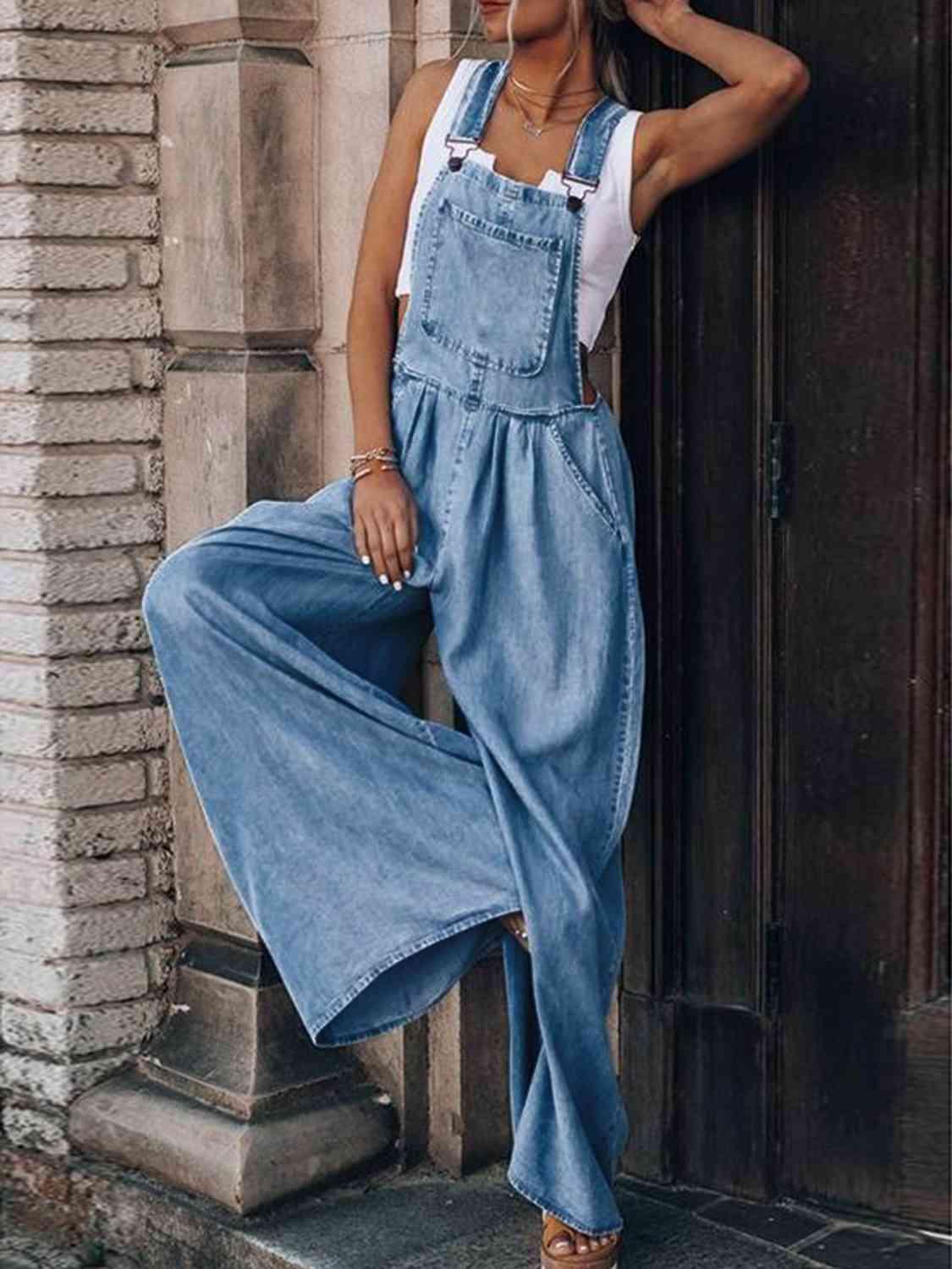 Wide Leg Denim Overalls Jumpsuits and Rompers Trendsi