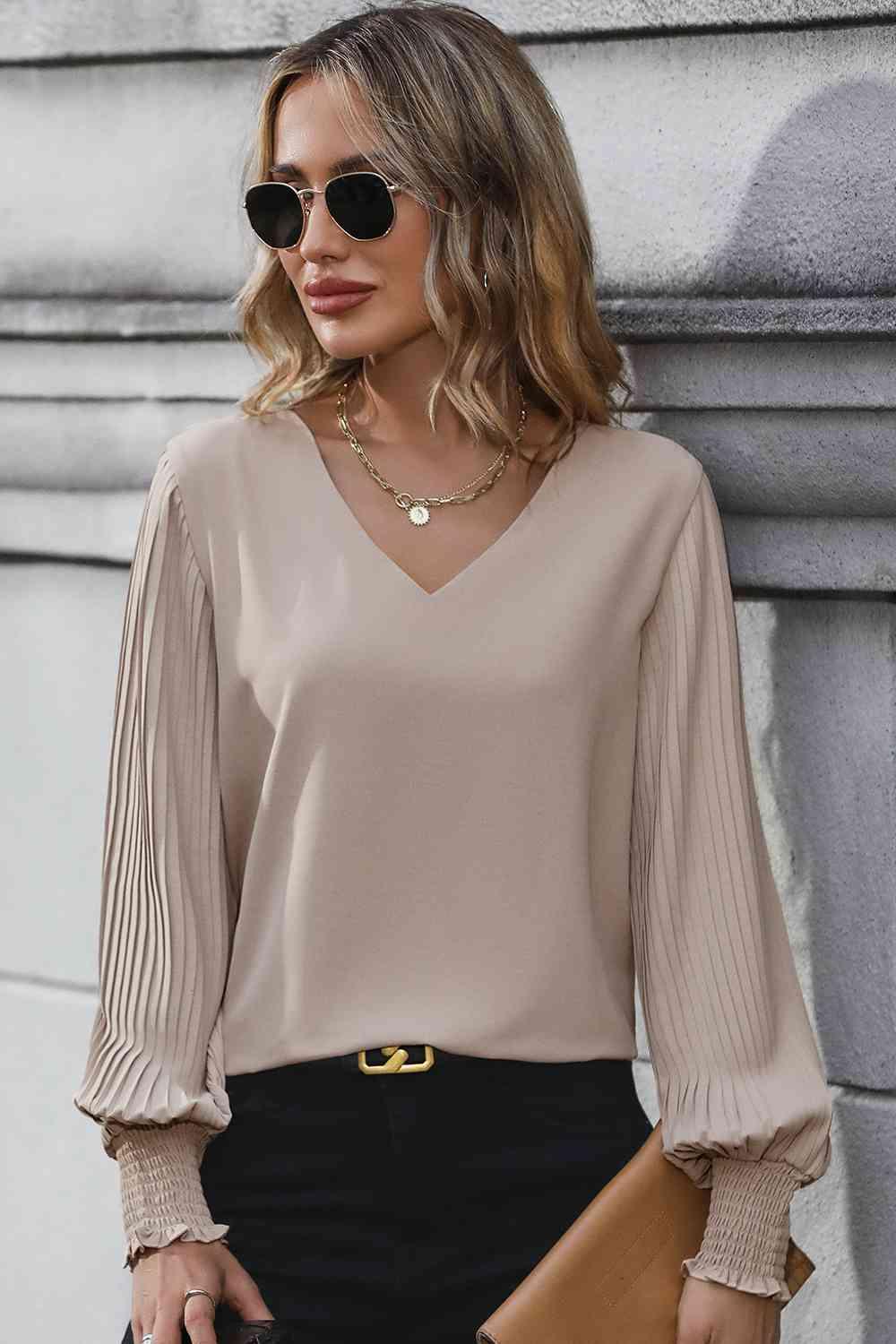 Pleated Lantern Sleeve V-Neck Blouse Blouses Trendsi Mocha S