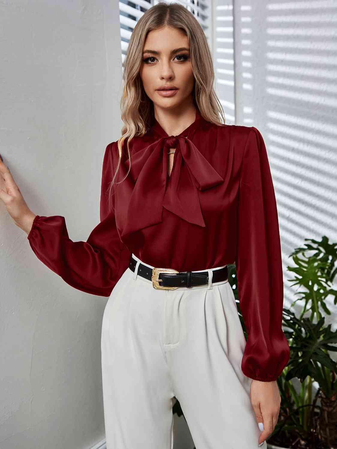 Tie Neck Long Puff Sleeve Blouse Blouses Trends Wine S