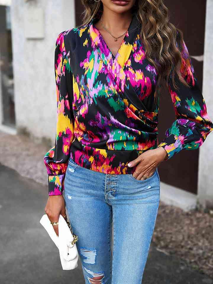 Printed Long Sleeve Wrap Look Blouse Blouses Trendsi Multicolor S