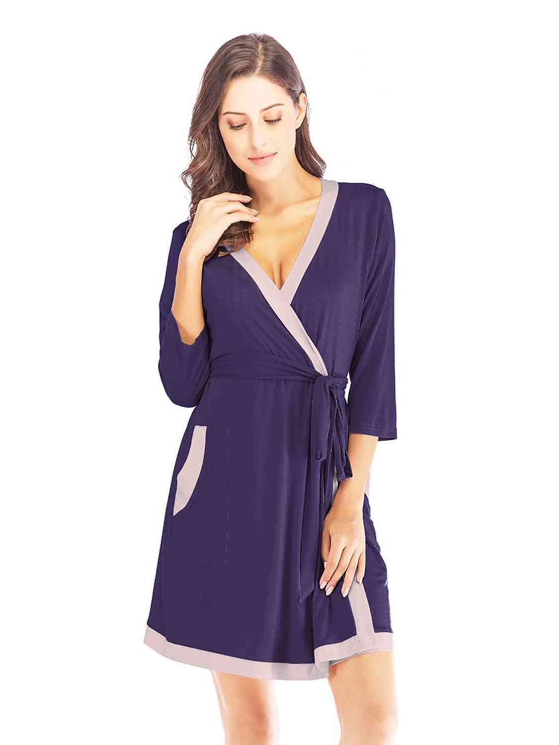 Tie Waist Surplice Neck Robe with Pockets Loungewear Trendsi