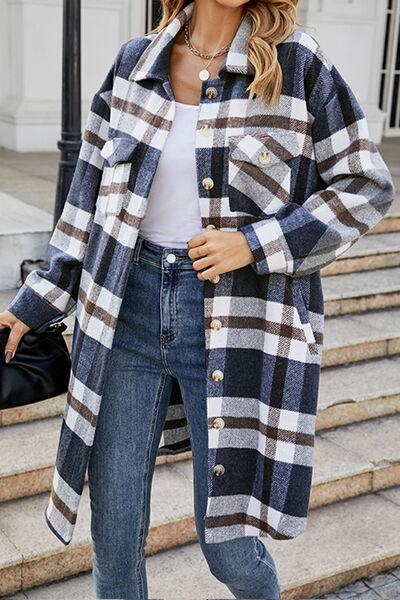 Plaid Button Up Collared Neck Jacket with Pockets Jackets Trendsi Dark Navy S