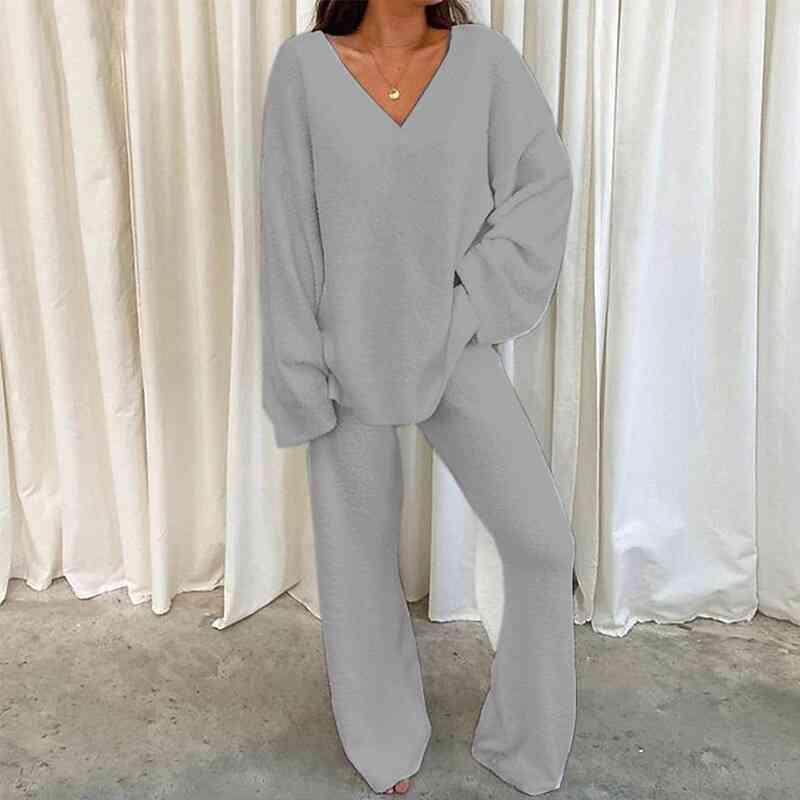 V-Neck Long Sleeve Top and Long Pants Set Pant Set Trends Light Gray S