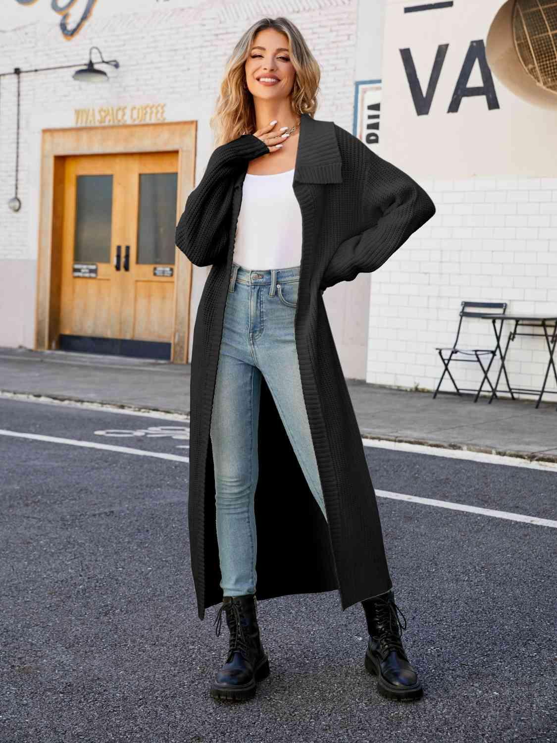 Full Size Collared Open Front Duster Cardigan Cardigans Trendsi