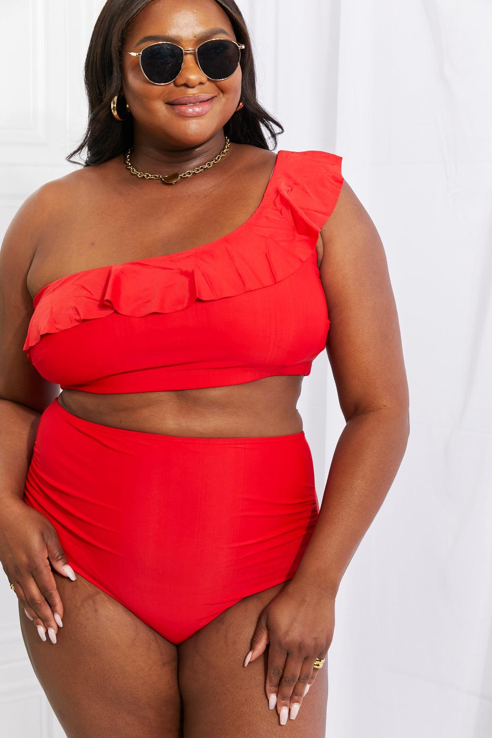 Marina West Swim Seaside Romance Ruffle One-Shoulder Bikini in Red Swimwear Trendsi   