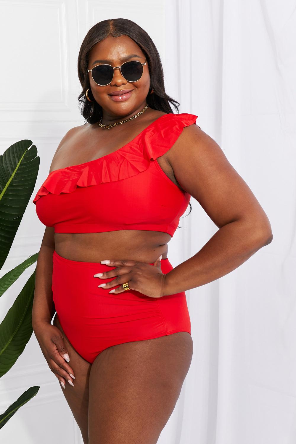 Marina West Swim Seaside Romance Ruffle One-Shoulder Bikini in Red Swimwear Trendsi Red S 