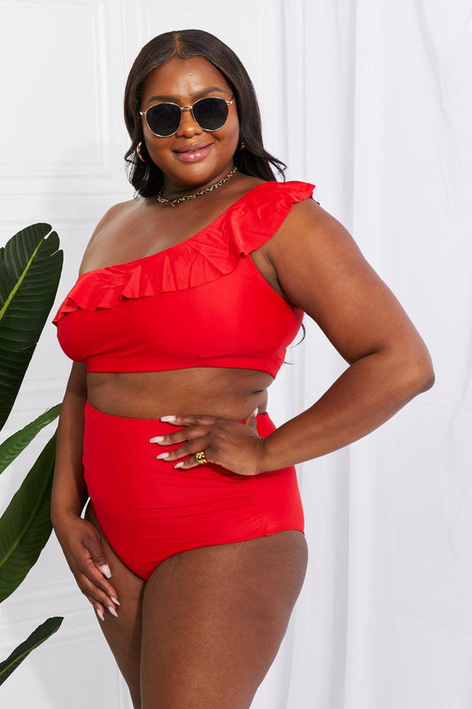Marina West Swim Seaside Romance Ruffle One-Shoulder Bikini in Red Swimwear Trendsi Red S 