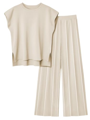 LILLUSORY 2 Piece Outfits for Women Lounge Matching Set Two Piece Knit Tracksuit Sweatsuits Top & Pants Co-Ords Habits affär Beige X-Large 