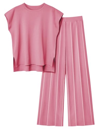 LILLUSORY 2 Piece Outfits for Women Lounge Matching Set Two Piece Knit Tracksuit Sweatsuits Top & Pants Co-Ords Habits affär Pink Large 