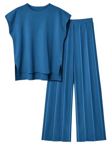 LILLUSORY 2 Piece Outfits for Women Lounge Matching Set Two Piece Knit Tracksuit Sweatsuits Top & Pants Co-Ords Habits affär Darkblue Large 