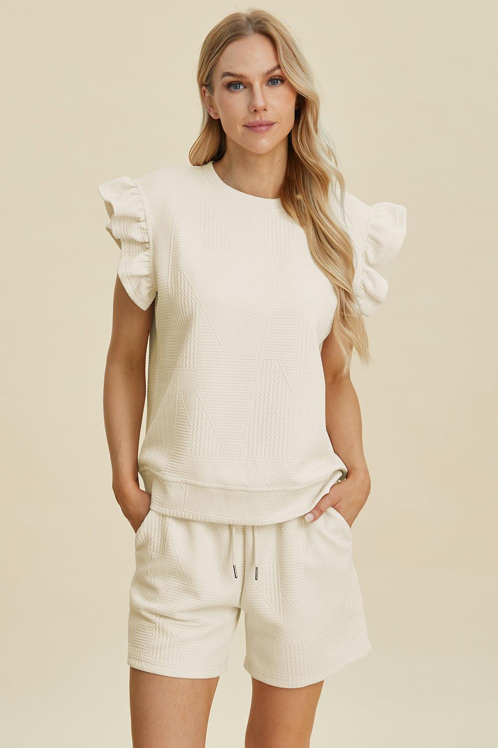 Double Take Texture Round Neck Ruffle Sleeve Top and Short Set Short Set Trends Cream S 