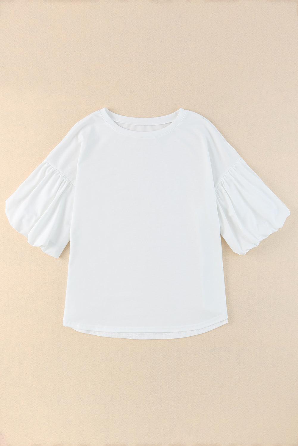 Puff Sleeve Curved Hem Blouse Blouses Trends White 2XL 