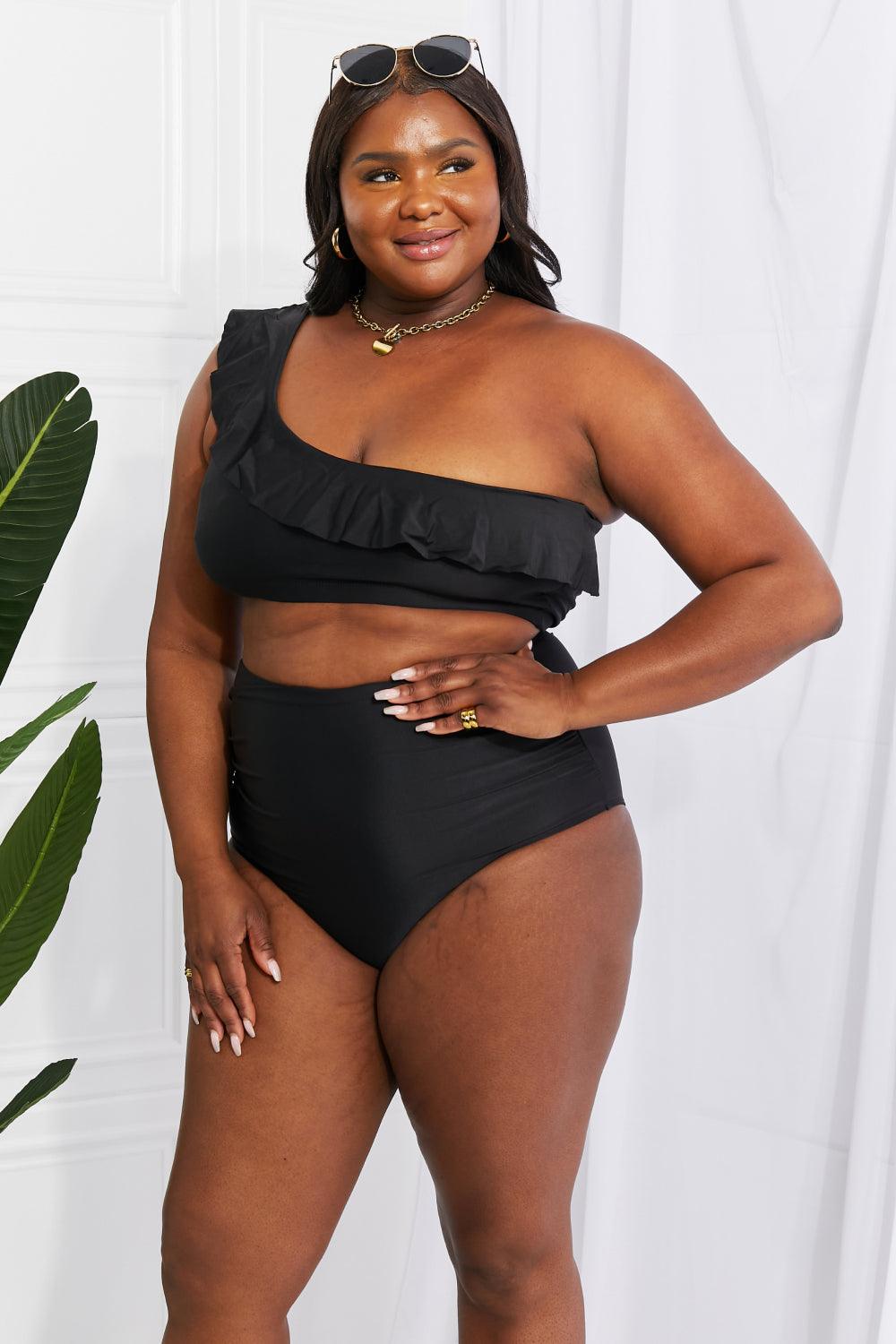 Marina West Swim Seaside Romance Ruffle One-Shoulder Bikini in Black Swimwear Trendsi   