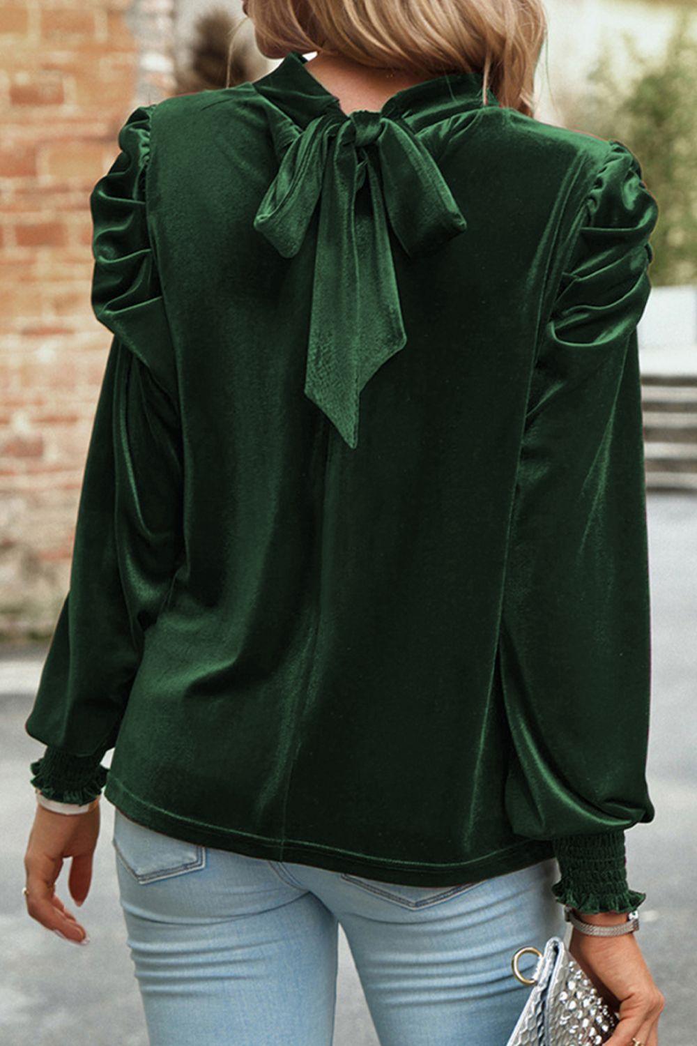 Mock Neck Velvet Long Sleeve Blouse Blouses Trends Green XL 